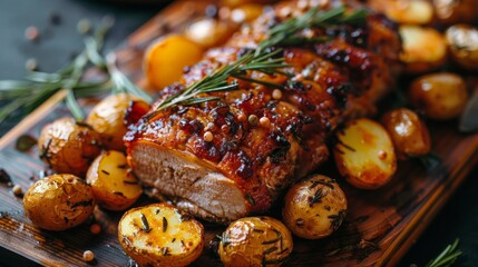 Wooden Cutting Board With Meat and Potatoes