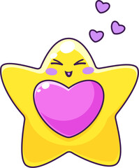 Aufkleber - Cartoon star kawaii character with love heart kisses and hugs, vector cute personage. Funny twinkle star emoji or kawaii emoticon with heart kisses for kids mascot or cheerful cartoon character