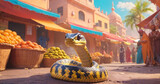 Fototapeta  - Cartoon snake viper on the streets of an Indian city. Reptile python crawls along the pavement of the street market