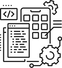 Aufkleber - Mobile app developer IT specialist icon of digital technology software, line vector. Mobile application developer or IT business specialist in UI and UX programming and mobile media development