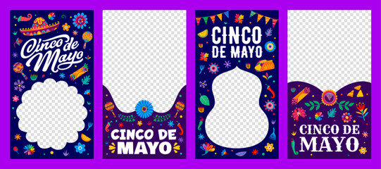 Cinco de mayo Mexican holiday social media templates. Vector vertical banners or frames, capture the festive spirit, share cultural pride, and spread joy with colorful Viva Mexico alebrije style