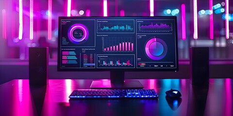 Poster - futuristic business analytics dashboard with vibrant neon lighting and digital metrics