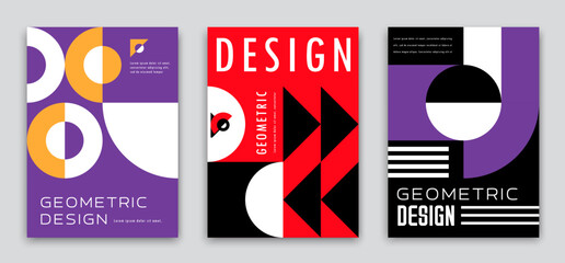 Aufkleber - Modern abstract posters, geometric pattern background with vector circle, triangle, line and square shapes. Trendy graphic banners templates set with red, black and purple simple mosaic compositions