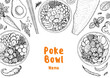 Poke Bowl frame. Hawaiian Food top view vector illustration. Food menu design template. Hand drawn sketch. Vintage style.