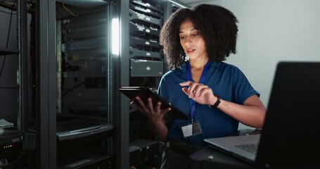 Sticker - Tablet, engineer and woman on laptop in server room for cyber security, coding or update database. Serious, technician and computer in data center for information technology or programming software