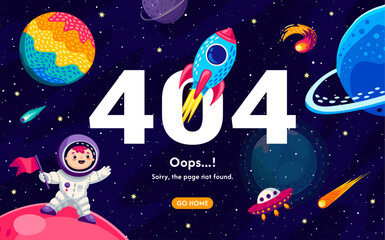 Poster - 404 page, galaxy space landscape with stars, planets, space rocket and kid astronaut, vector background. 404 webpage error and Oops page not found with go home button with spaceship and alien UFO