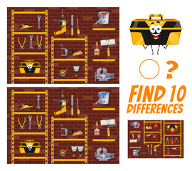 Aufkleber - Find ten differences between cartoon diy and repair tools characters. Kids vector game, educational worksheet with spanner, tape and pliers. Vice, plane, spatula, drill and screwdriver on garage shelf