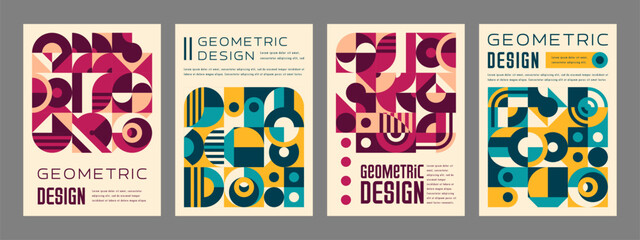 Aufkleber - Modern abstract geometric pattern posters in yellow, turquoise, maroon and purple, vector cover template. Retro Swiss or modern Scandinavian pattern with geometric bauhaus shapes and color elements