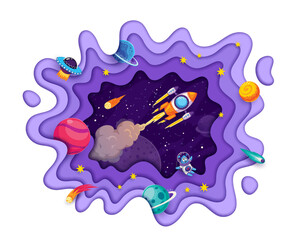 Poster - Galaxy space paper cut with rocket launch, asteroids, comets and planets, vector background. Rocket start up launch to galaxy space with alien UFO and Martian spaceman in paper cut layers frame