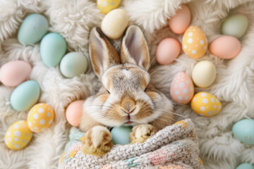 Sticker - Overhead view of a cute easter bunny asleep with easter eggs