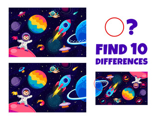 Poster - Find ten differences in galaxy space landscape for kids game worksheet, cartoon vector. Space quiz to find ten differences of picture with kid astronaut spaceman, galaxy rocket spaceship and alien UFO