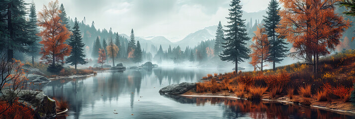 Wall Mural - Misty Morning at the Lake: Tranquil Waters Reflecting Autumns Palette, A Gateway to Serene Wilderness