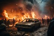 Group of People Surrounding Burnt Car After Riot Generative AI