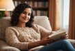 A young woman relaxing on a couch with a book, evoking comfort and leisure in a home setting.