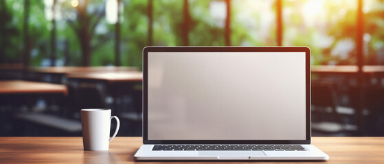 Laptop and coffee cup on wooden table in coffee shop cafe .