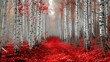 A forest of birch trees with a striking red-colored ground due to fallen. The white bark of the trees contrasts with the vivid red path - AI Generated Digital Art