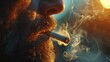 A detailed macro shot capturing the glowing ember of a lit cigarette held between lips with smoke swirling around.
