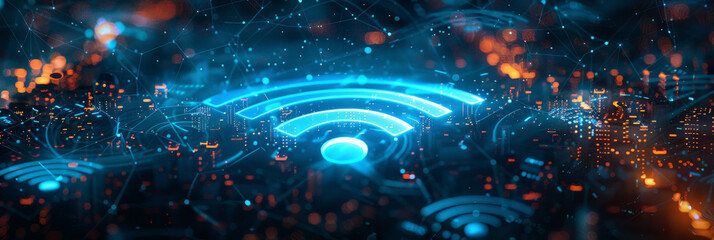 Poster - A blue wireless network symbol glowing in the dark,  digital connections and technology elements. futuristic