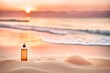 orange pinkish  lotion cream bottle on the beach , summer  sunset , cosmetics brand template