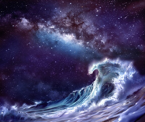 Wall Mural - the milky way galaxy meets with a giant ocean wave - dark sky night background and huge wave in the 