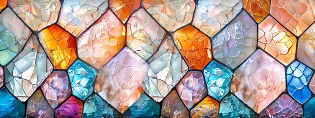 Wall Mural - beauty of stained glass with a split background featuring intricate patterns and translucent pastel colors.