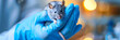 © john - veterinarian holding rat in blue rubber gloves for examination in clinic,