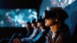 Group of people experiencing virtual reality with VR headsets in a dark room, focused and immersed in technology.