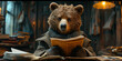 Scholarly Bear Engrossed in Ancient Texts Amidst Cozy Candlelit Library Banner