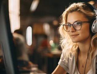 Poster - woman wearing headphones using laptop generative ai