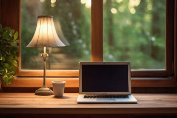 Laptop with blank screen and coffee cup on wooden table in front of window