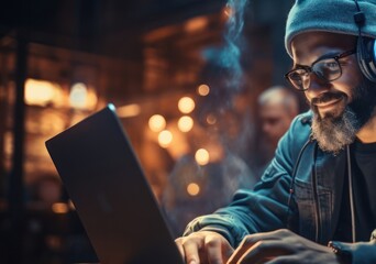 Poster - man listening to music on laptop generative ai