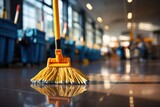 Fototapeta  - Yellow Broom Resting on Tiled Floor Generative AI