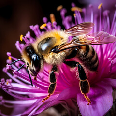 Wall Mural - A close-up of a bee pollinating a flower.