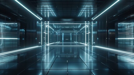 Wall Mural - An empty dark room depicted in a modern futuristic Sci-Fi background through a 3D illustration, setting the stage for a high-tech environment