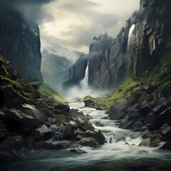 Wall Mural - A dramatic waterfall in a remote wilderness