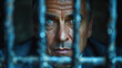 Intense man's eyes gazing through metal bars, symbolizing captivity or determination, with a dark, moody atmosphere.