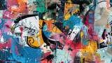 Fototapeta Boho - Abstract colorful background with geometric textured oil or acrylic shapes. Artistic banner with expressive graffiti wall texture and brush strokes