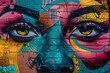 © AiHRG Design - A colorful mural of a womans face adorns a brick wall, showcasing intricate details and a blend of vibrant hues in a retro style.