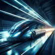 A futuristic train speeding through a tunnel. 