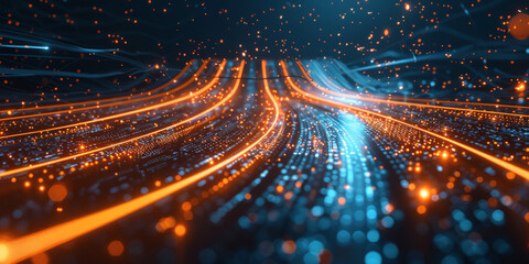 Poster - Highspeed data transfer futuristic technology. Abstract background with glowing light rays and digital lines,  Digital motion tunnel