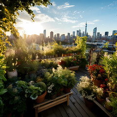 Sticker - A rooftop garden with city views. 