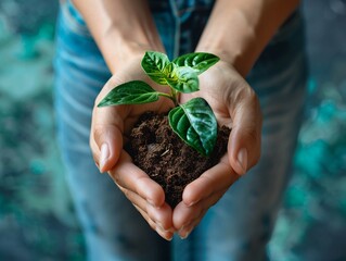 Hands cradling a green sapling symbolizing care and protection for nature with a blue and green Earth in the background