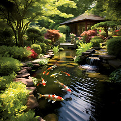 Sticker - A serene garden with a koi pond.