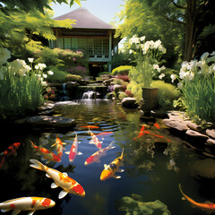 Sticker - A serene garden with a koi pond.