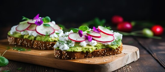 Poster - Two slices of bread topped with avocado and radishes on a cutting board, ready to be made into delicious sandwiches with radish, cucumber, cottage cheese, and avocado sauce
