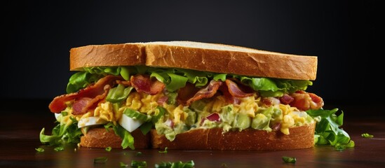 Aufkleber - Close-up view of a delicious sandwich filled with crispy bacon, fluffy eggs, and fresh lettuce leaves