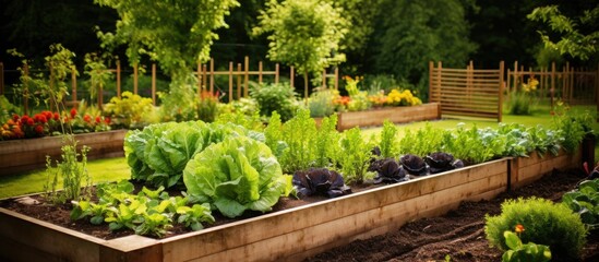 the vegetable patch in a spacious english garden is brimming with various nutritious vegetables and 