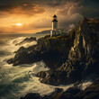 A solitary lighthouse on a rocky coastal cliff.