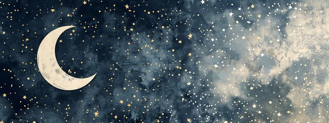 Wall Mural - split background featuring a celestial theme, using shades of midnight blue and soft silver.