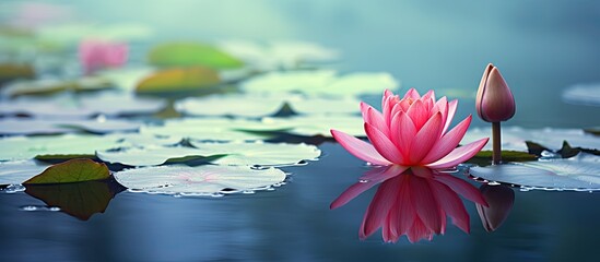 Poster - A beautiful pink flower is gracefully sitting in the water, surrounded by lush green leaves and reflected in the serene pool
